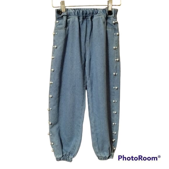 Pearl Embellished Denim Elastic Waist Jeans Kids Sz 7 - Picture 1 of 9